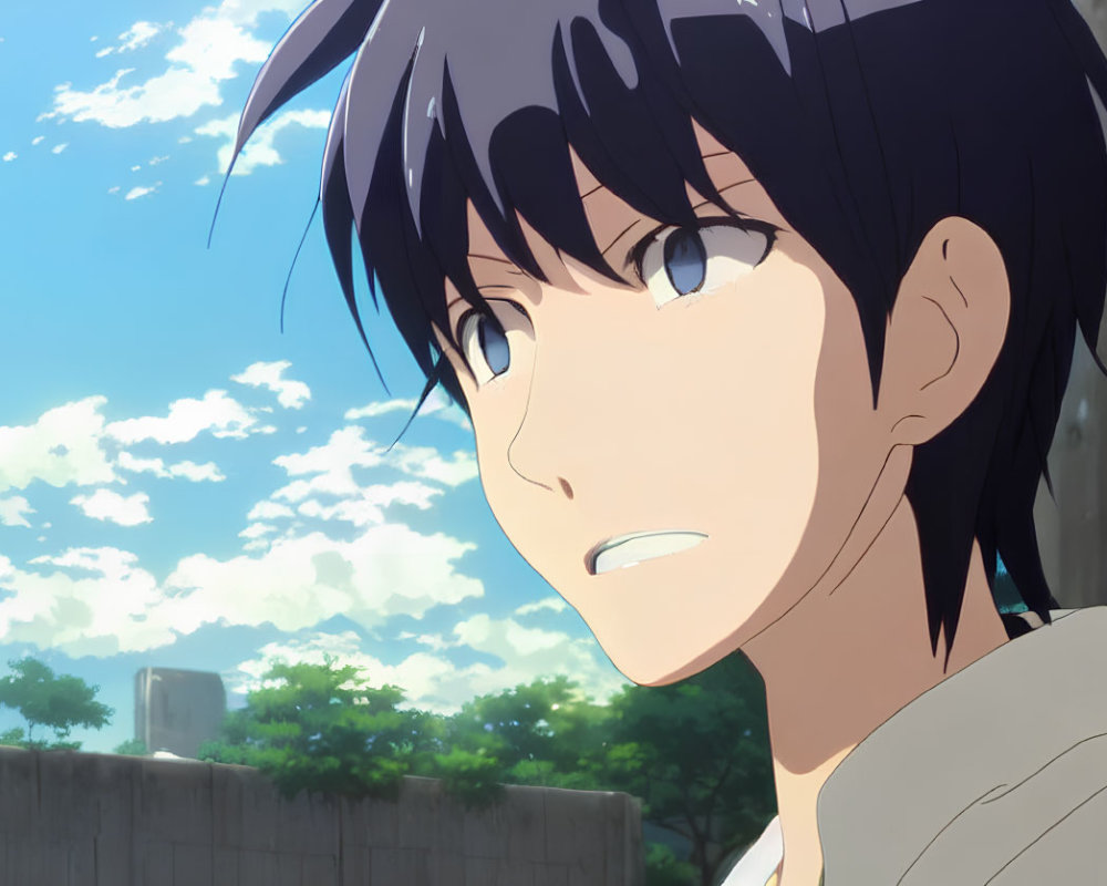 Close-Up of Animated Male Character with Black Hair Looking Hopeful Under Blue Sky