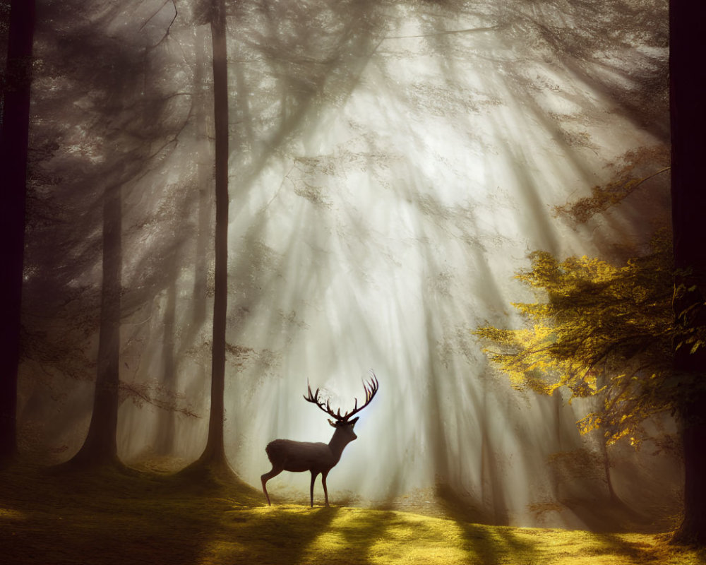 Solitary deer in misty forest with sunbeams filtering through canopy