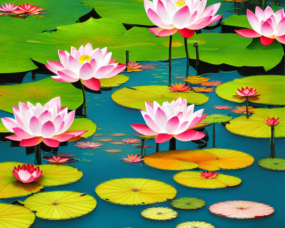 Colorful painting of pink lotus flowers and green lily pads on blue water