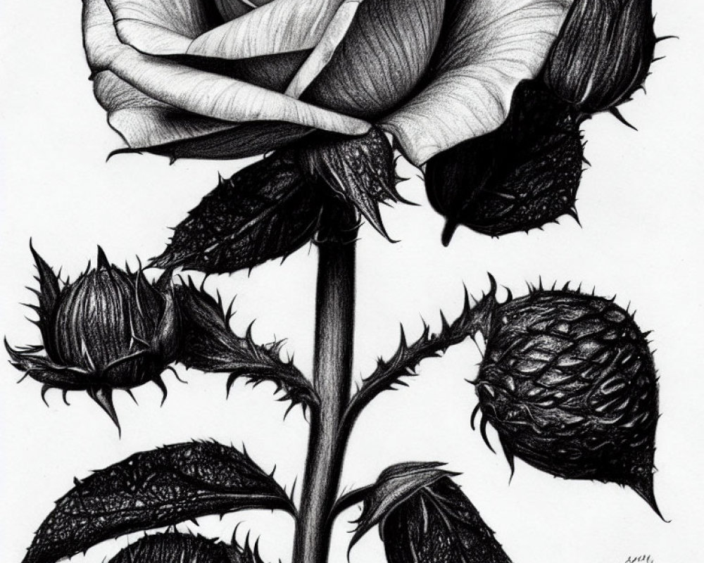 Detailed Black and White Pencil Sketch of Single Rose with Intricate Petals and Leaves