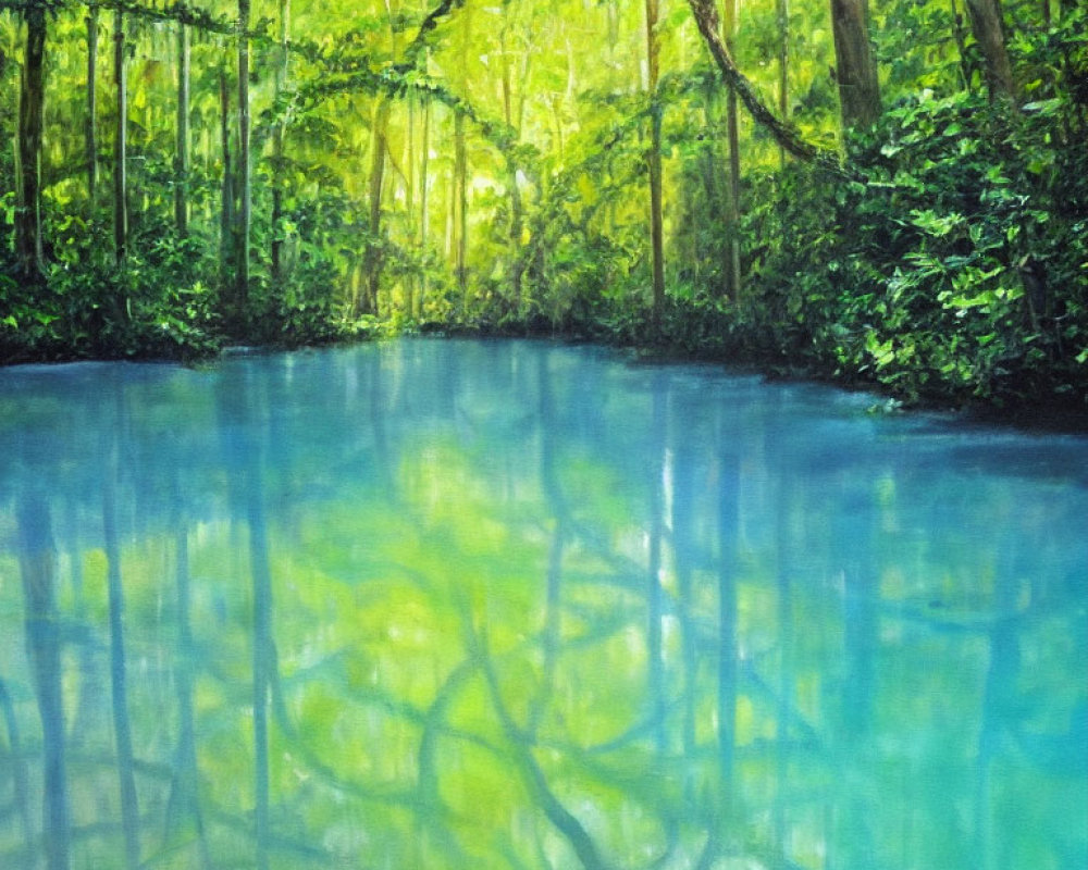 Tranquil forest painting with lush greenery and blue pond