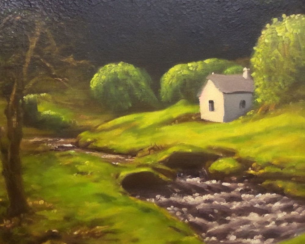 Tranquil landscape painting of white cottage by stream surrounded by lush greenery