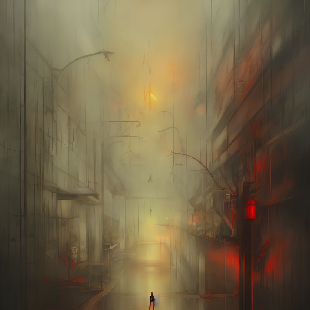 Solitary figure in misty, illuminated city street at dusk