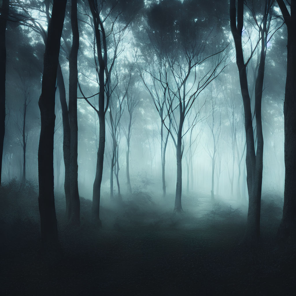 Mystical fog-shrouded forest at night with silhouetted trees