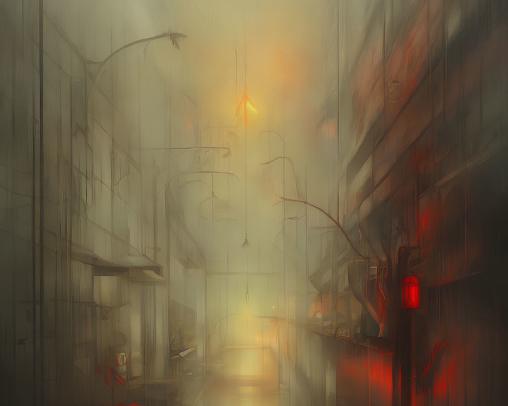 Solitary figure in misty, illuminated city street at dusk