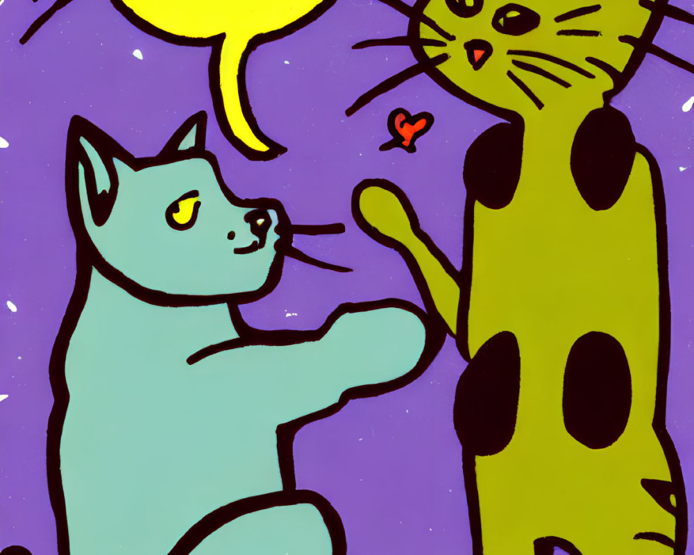 Whimsical blue cat meets spotted yellow cat under smiling moon