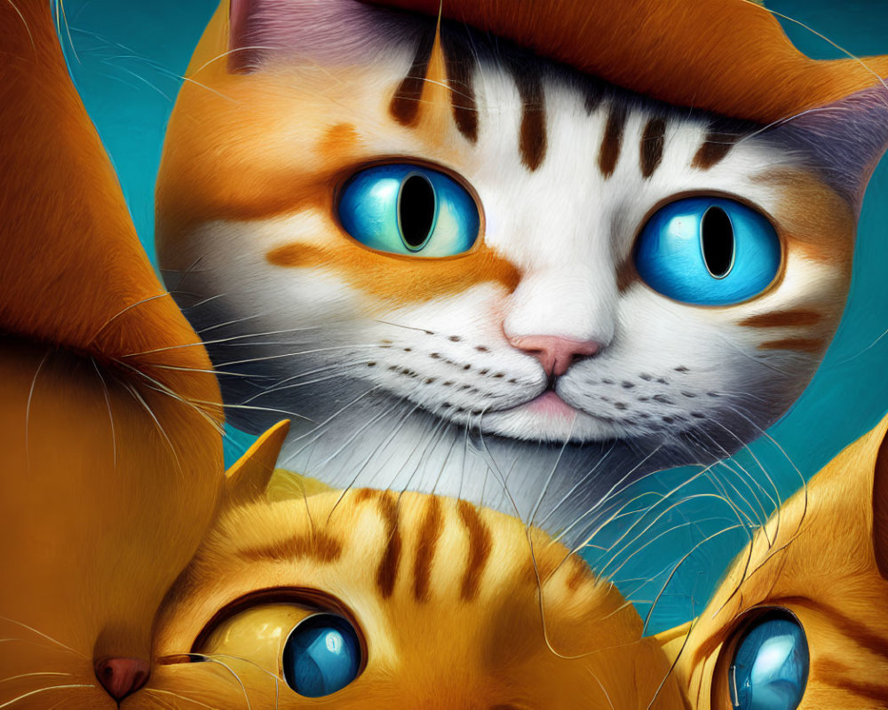 Whimsical close-up digital art of three cats with expressive blue eyes