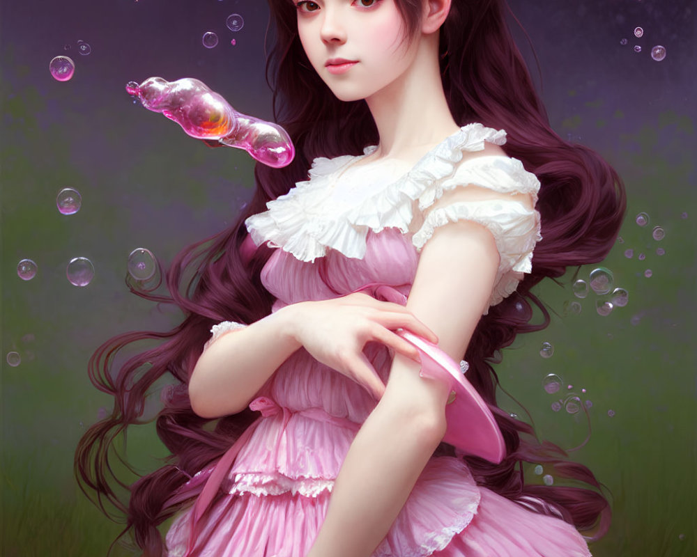 Young girl in pink dress with fish bubble on green background