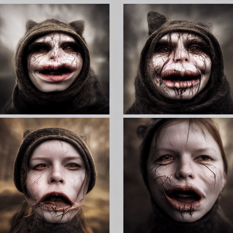 Four portraits of a person with exaggerated mouth features in a cat-eared beanie.