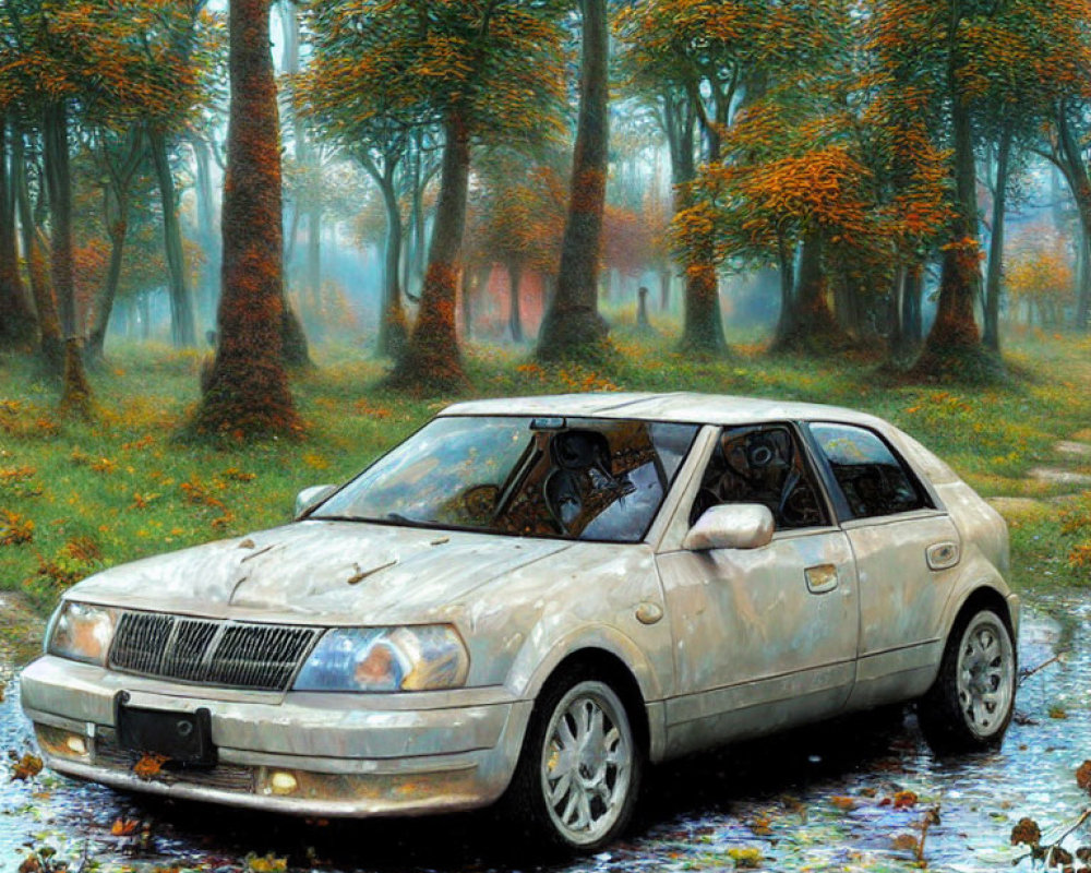 Abandoned car in misty autumn forest with scattered leaves