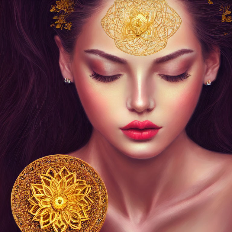 Illustrated portrait of woman with closed eyes and golden floral adornments.