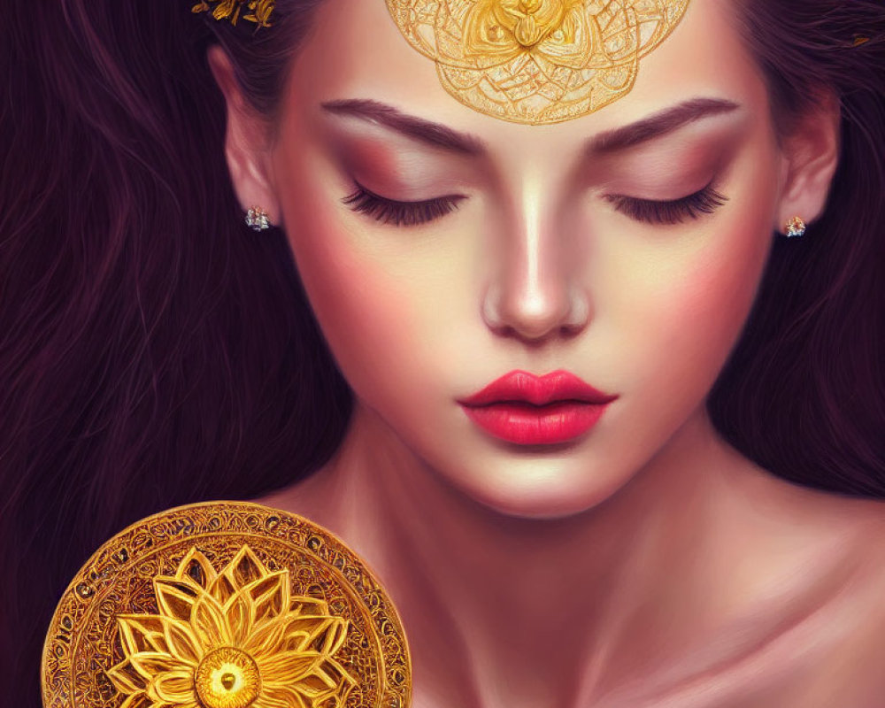 Illustrated portrait of woman with closed eyes and golden floral adornments.