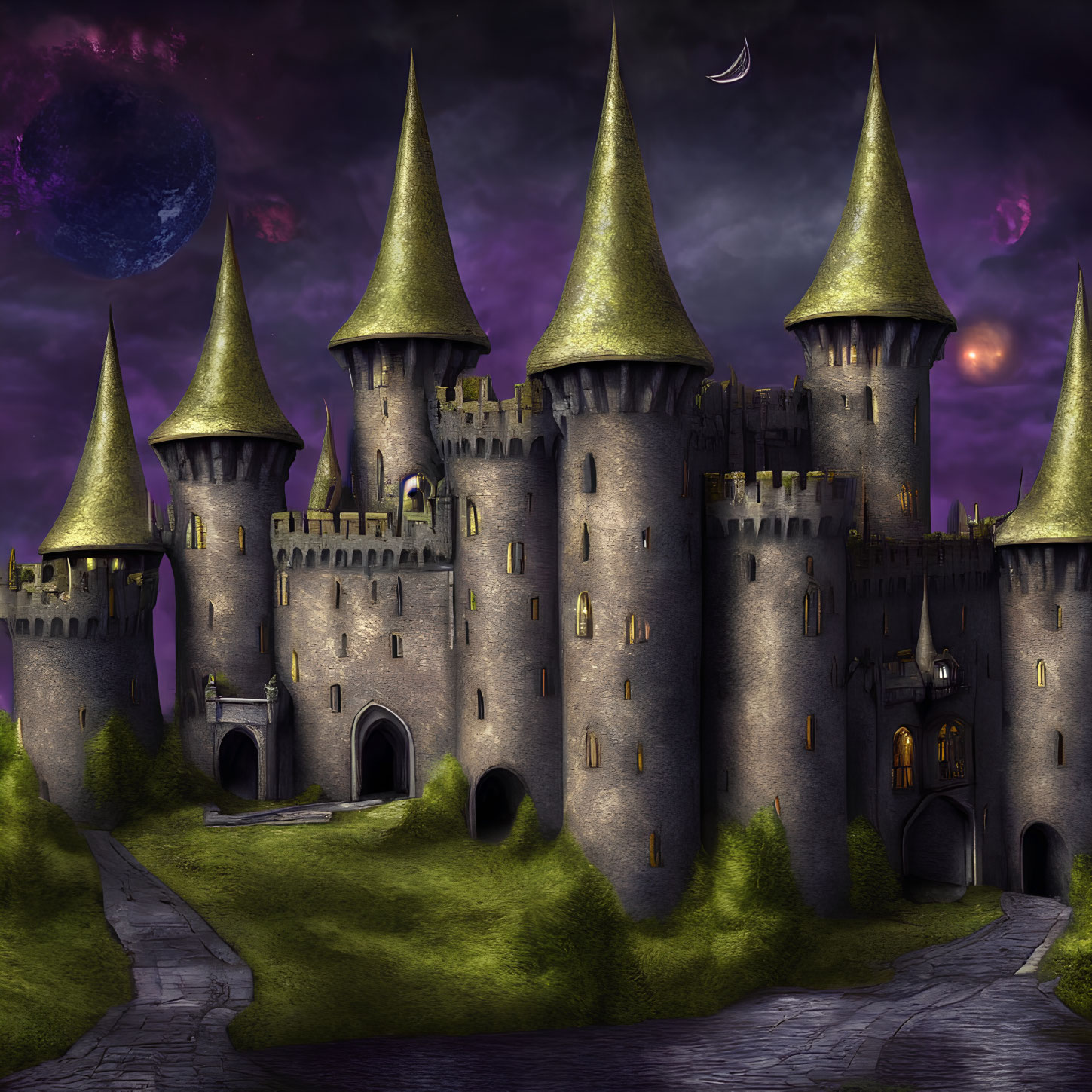 Medieval castle at night with illuminated towers and purple sky