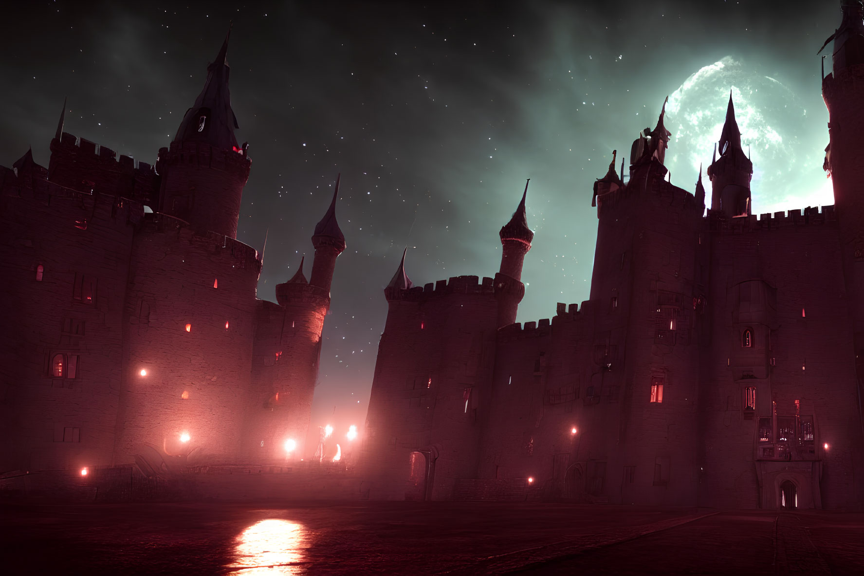 Gothic Castle Night Scene: Illuminated Windows, Crescent Moon, Starry Sky