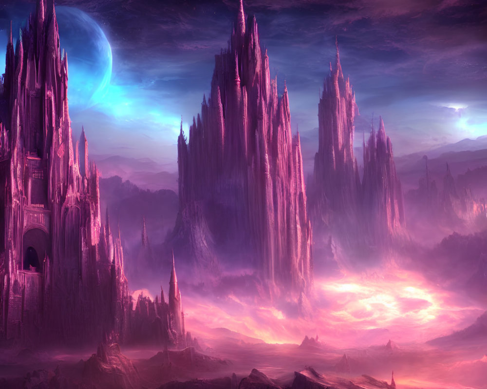 Fantastical landscape with towering spires and castle in pink and purple hues