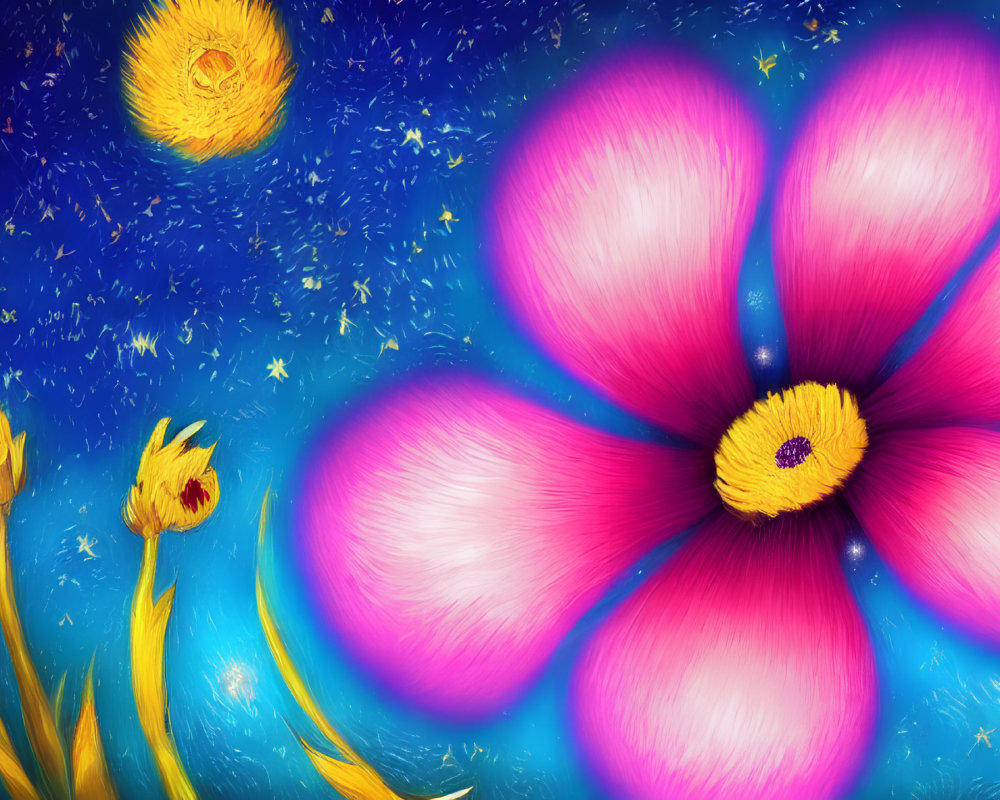 Colorful Stylized Pink Flower Artwork with Yellow Centers