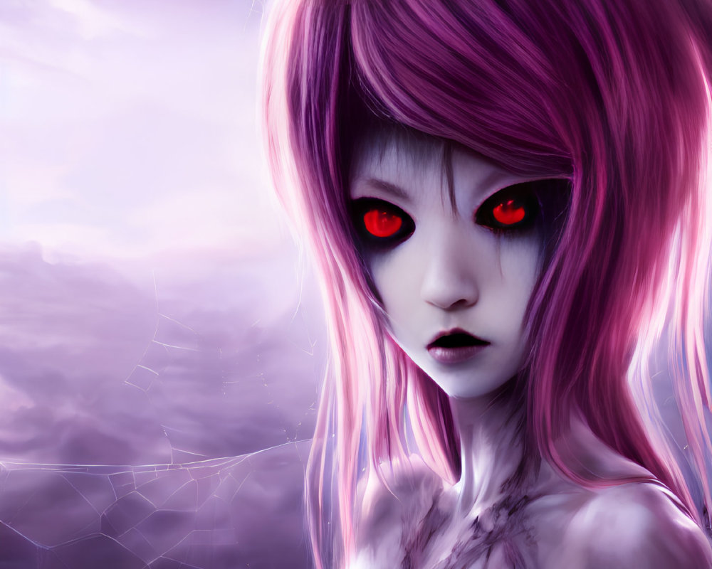 Illustration of girl with pink hair and red eyes in spooky purple-toned setting