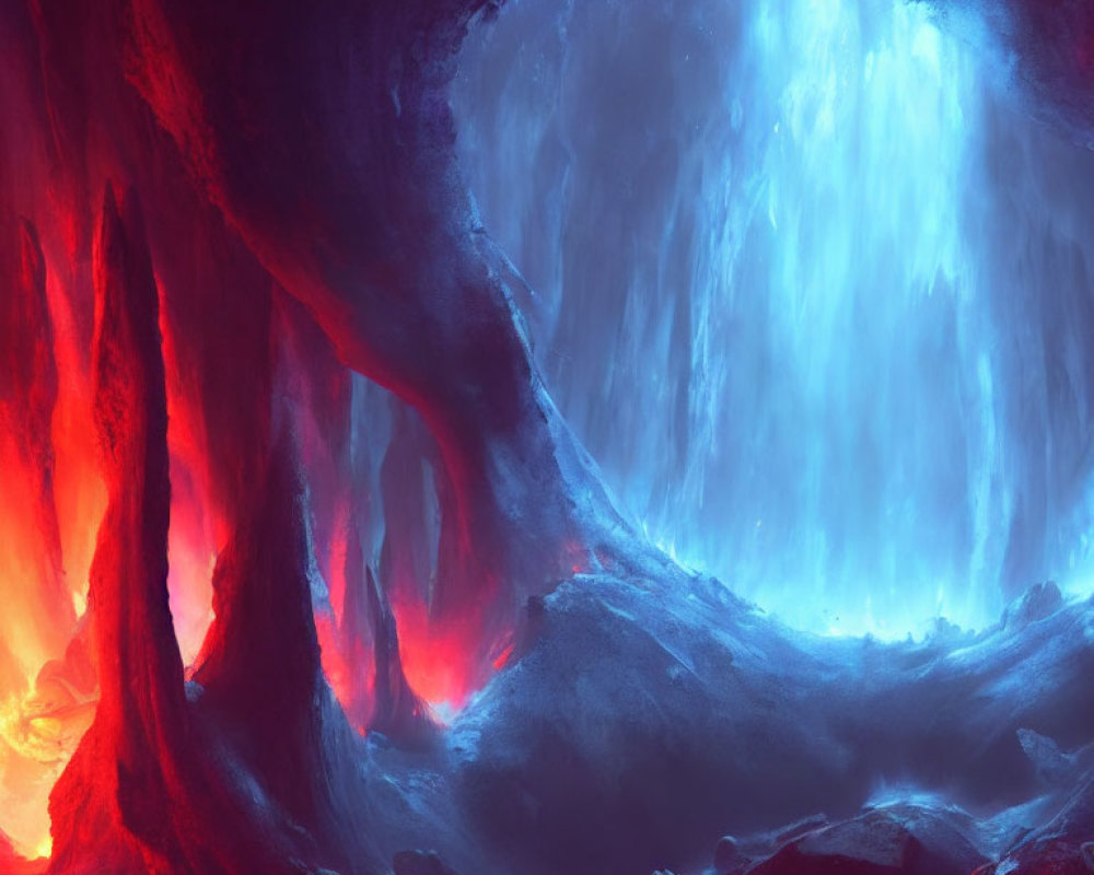 Ethereal fantasy cavern with red and blue glowing lights