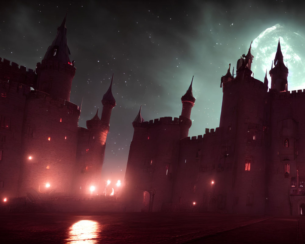 Gothic Castle Night Scene: Illuminated Windows, Crescent Moon, Starry Sky