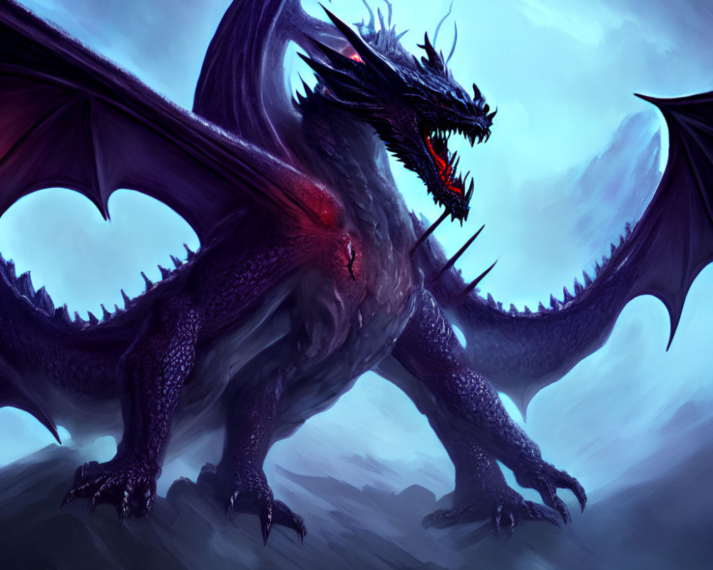 Black dragon with red accents perched on mountain against misty sky