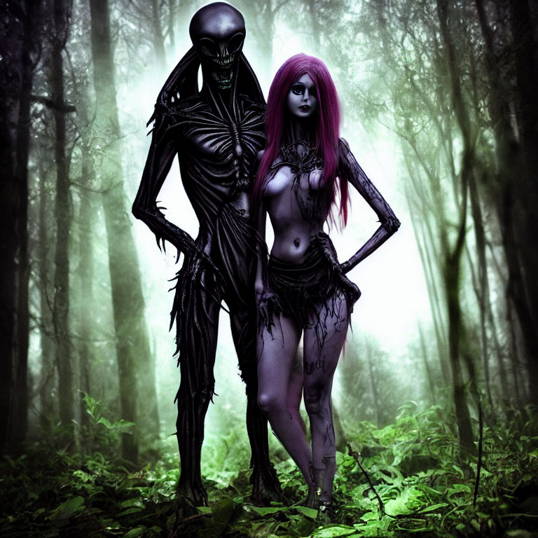 Alien creature with exposed skeletal structure in misty forest with humanoid figure.