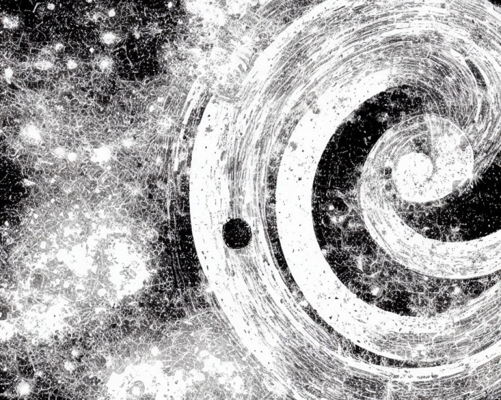 Monochrome abstract art with circular spiral and dot patterns