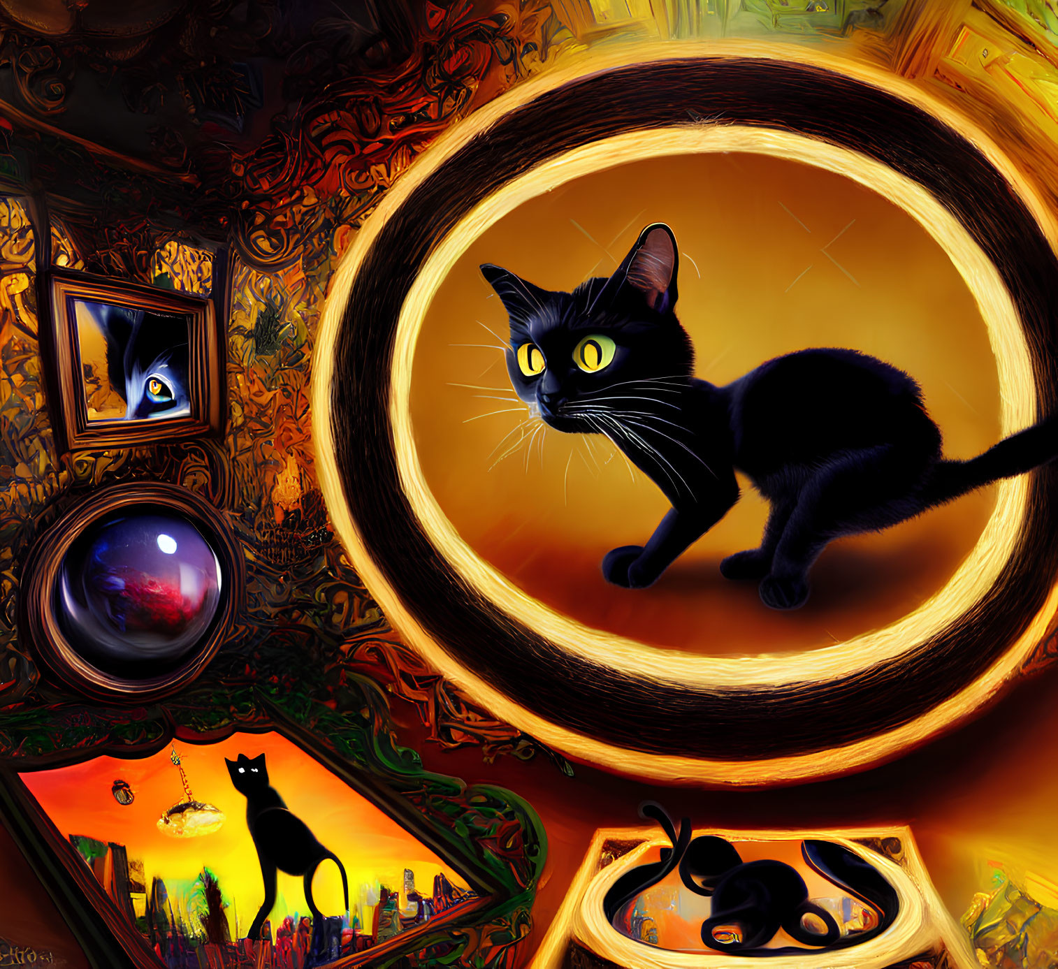 Black cat surrounded by surreal and colorful imagery