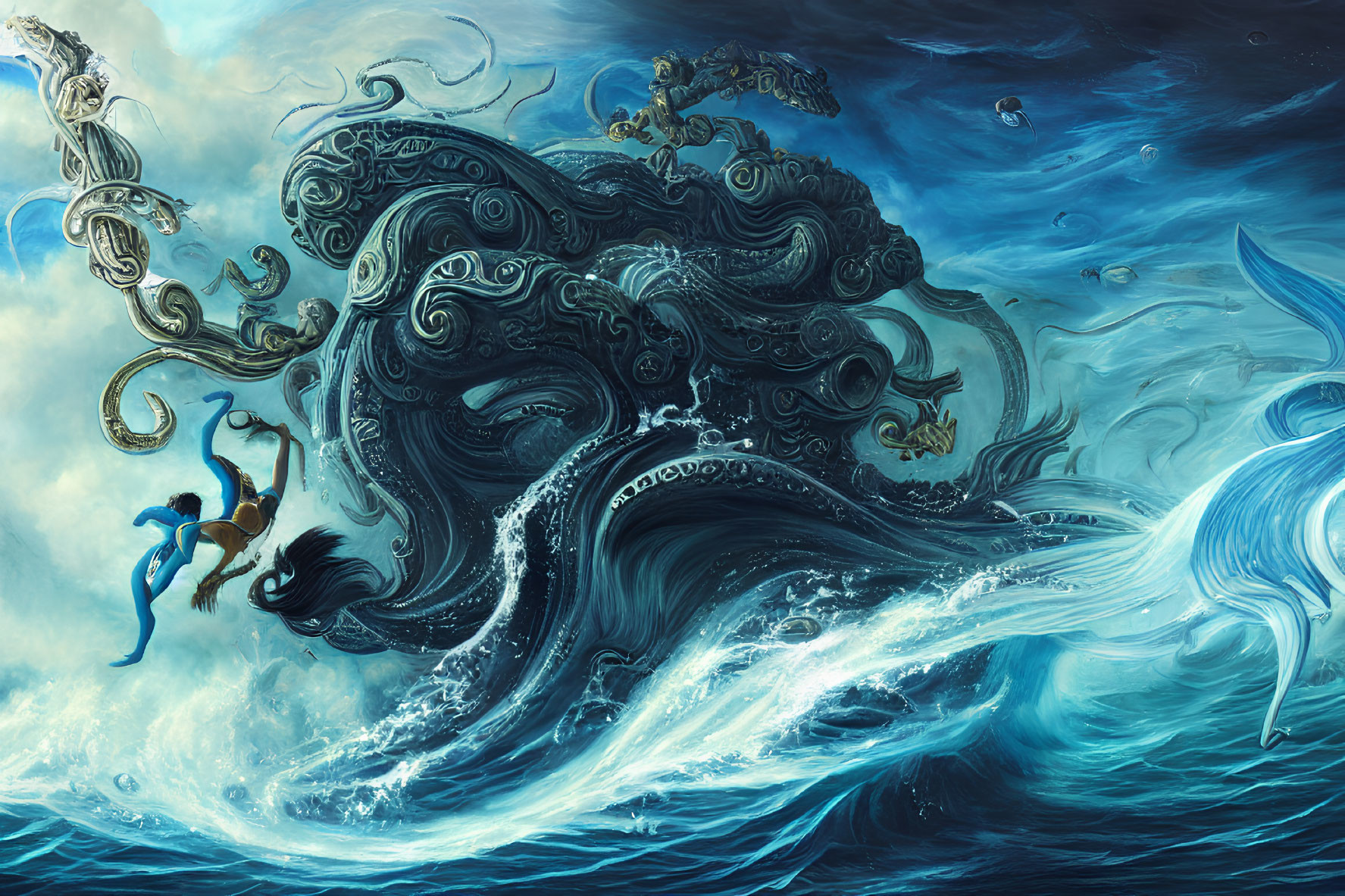Fantastical underwater scene with merperson and ornate octopus.