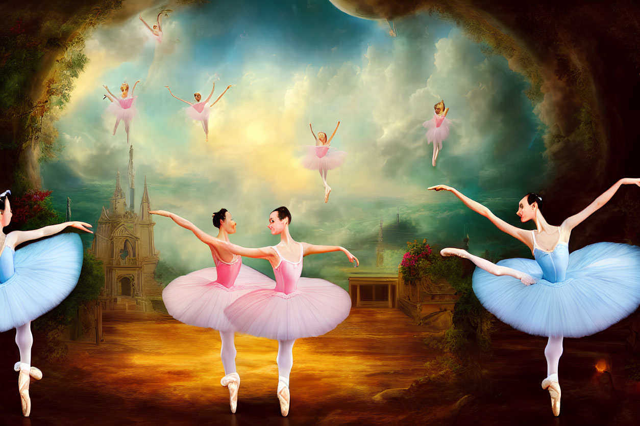 Ballerinas dancing in fantasy landscape with castle backdrop