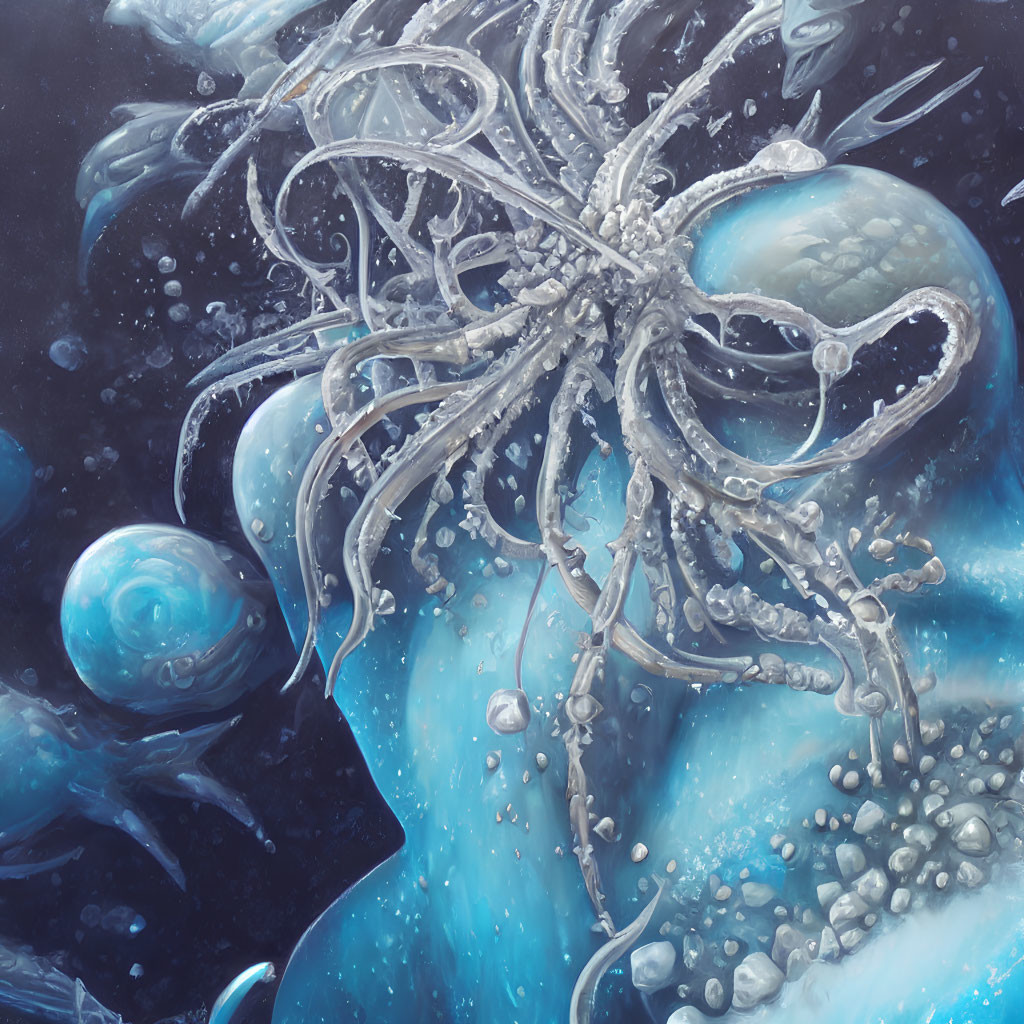 Ethereal space-themed illustration of ghostly squid-like creature intermingling with cosmic orbs and ne