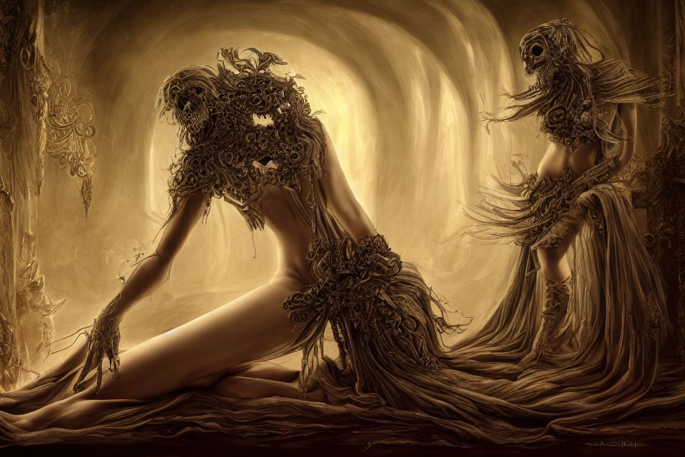 Sepia-Toned Artistic Image of Two Skeletal Figures in Ornate Dresses