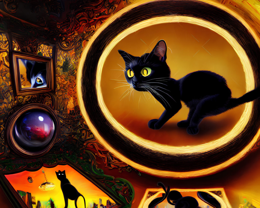 Black cat surrounded by surreal and colorful imagery