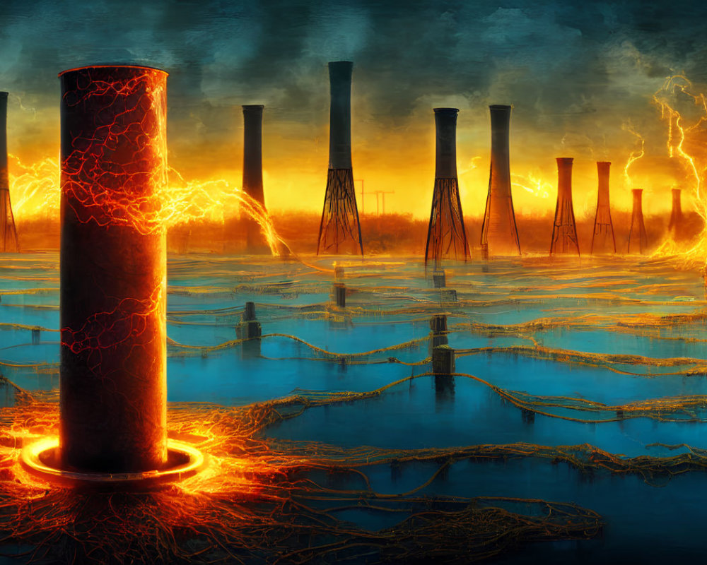 Dystopian landscape with fiery cracks and submerged industrial pillars