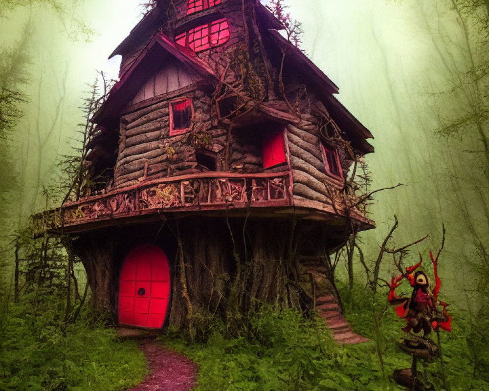 Crooked wooden house in foggy forest with red door and vines