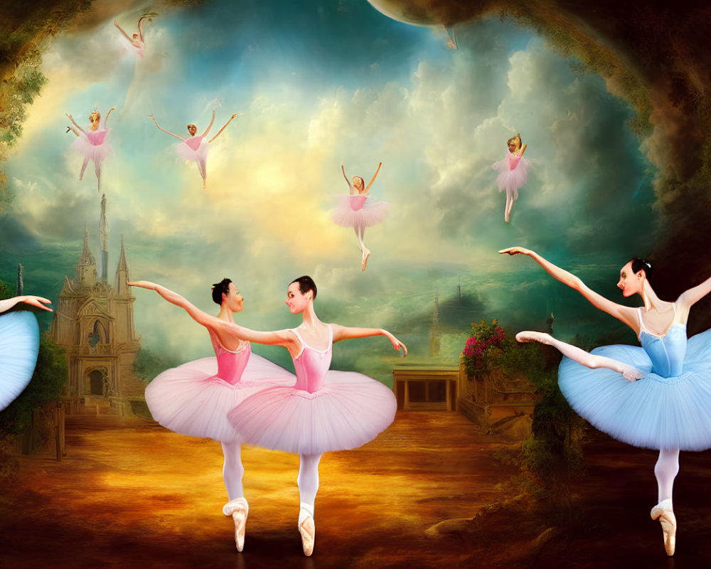 Ballerinas dancing in fantasy landscape with castle backdrop