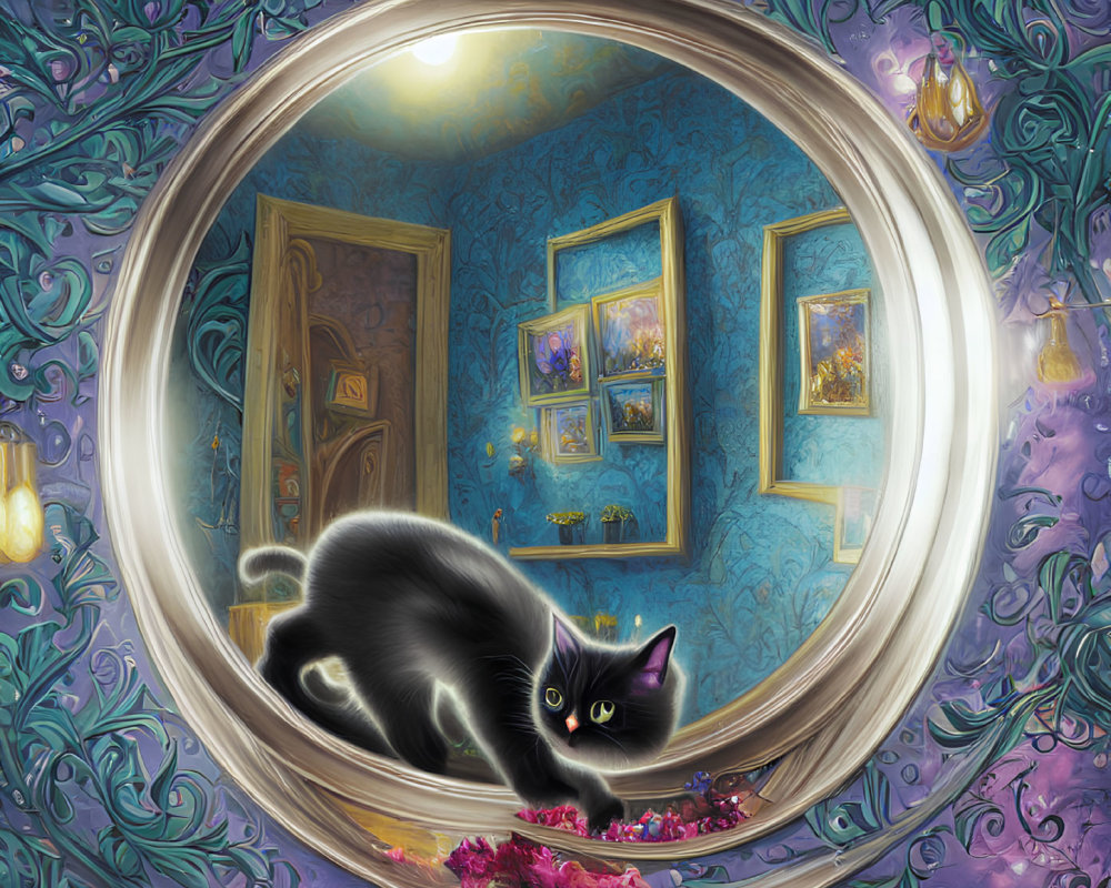 Black Cat with Yellow Eyes Surrounded by Pink Petals in Whimsical Room