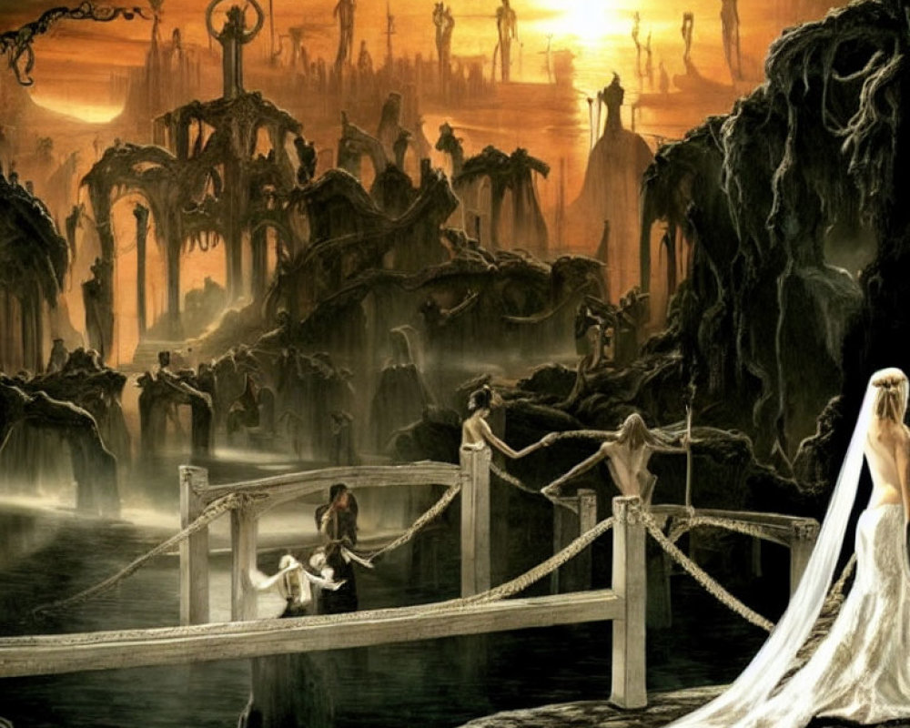 Fantastical dark landscape with bridge, silhouetted figures, and figure in white dress.
