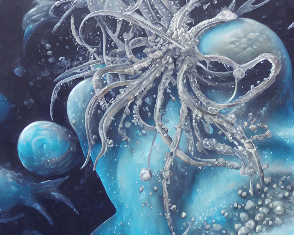 Ethereal space-themed illustration of ghostly squid-like creature intermingling with cosmic orbs and ne