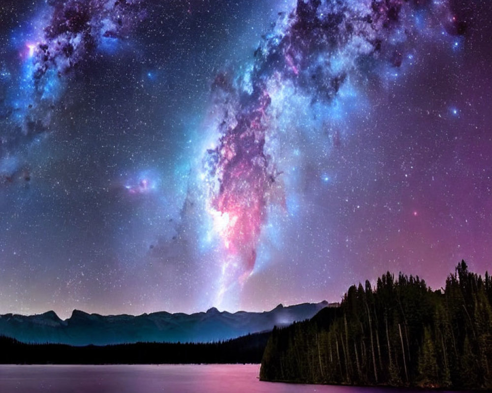 Starry night sky over tranquil lake and forest