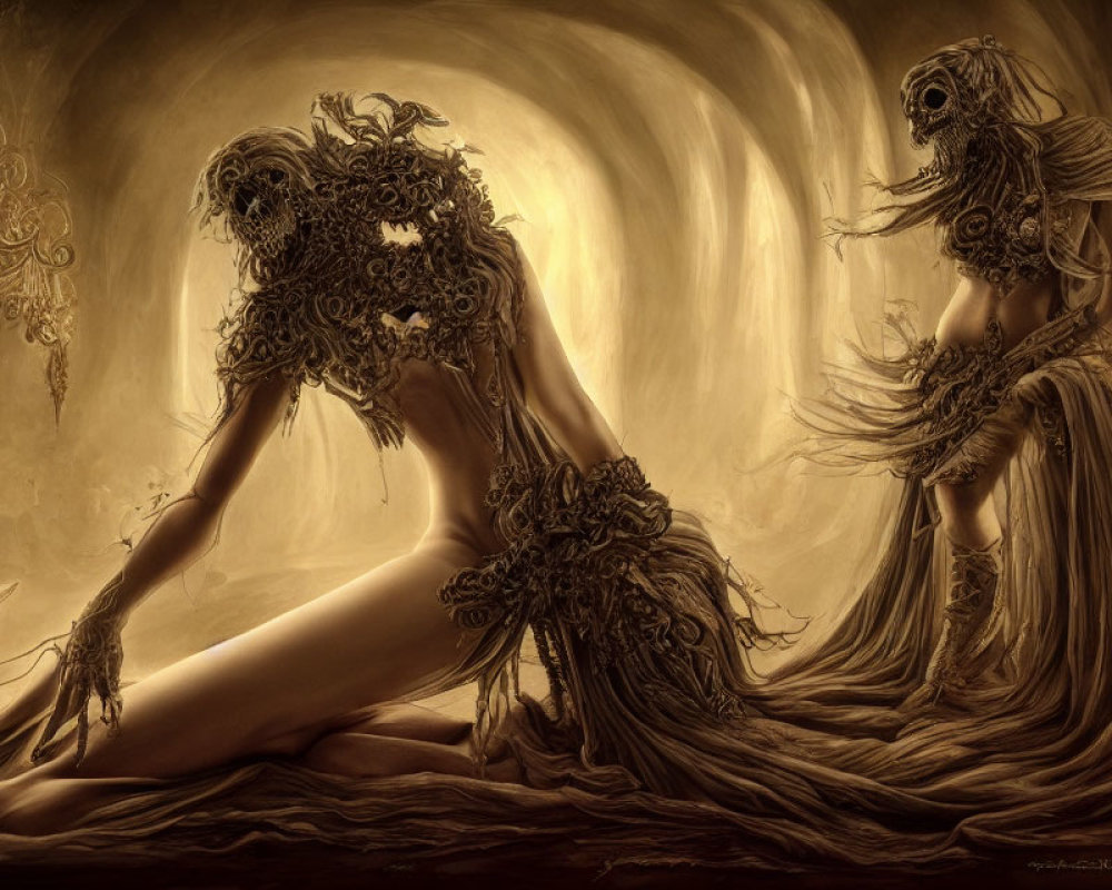 Sepia-Toned Artistic Image of Two Skeletal Figures in Ornate Dresses