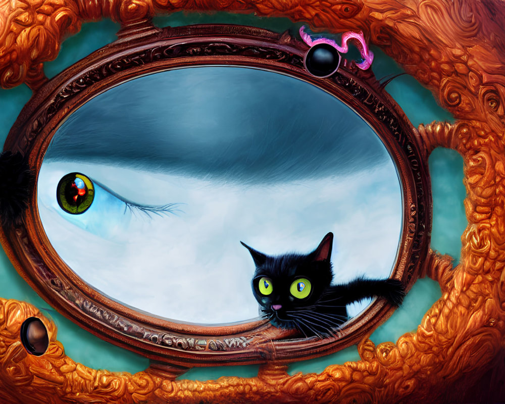 Colorful Cat Illustration with Green Eyes Behind Ornate Mirror