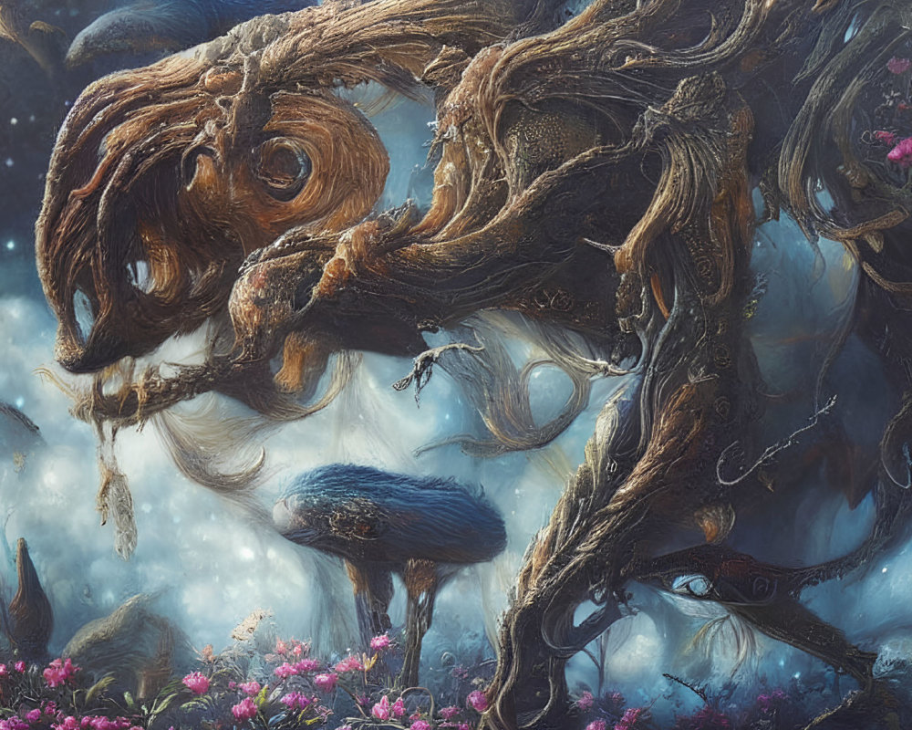 Detailed Painting of Mystical Tree in Starry Night with Pink Flora
