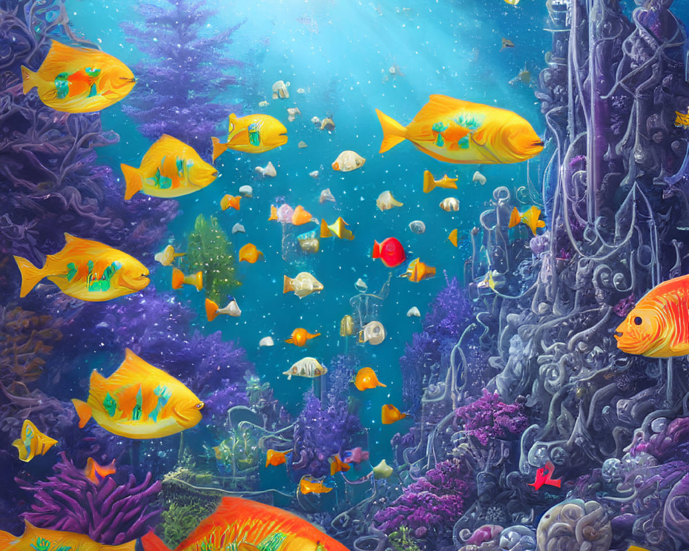Colorful underwater scene with orange fish, jellyfish, coral, and sunken structure