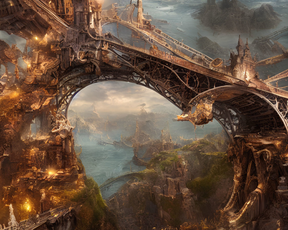 Intricate fantasy cityscape with ornate bridges and castle
