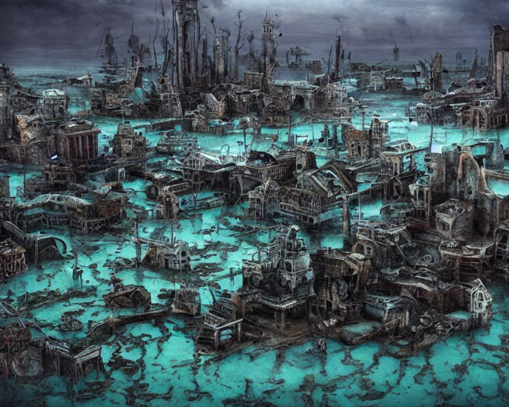 Dystopian submerged cityscape with dilapidated buildings under stormy sky