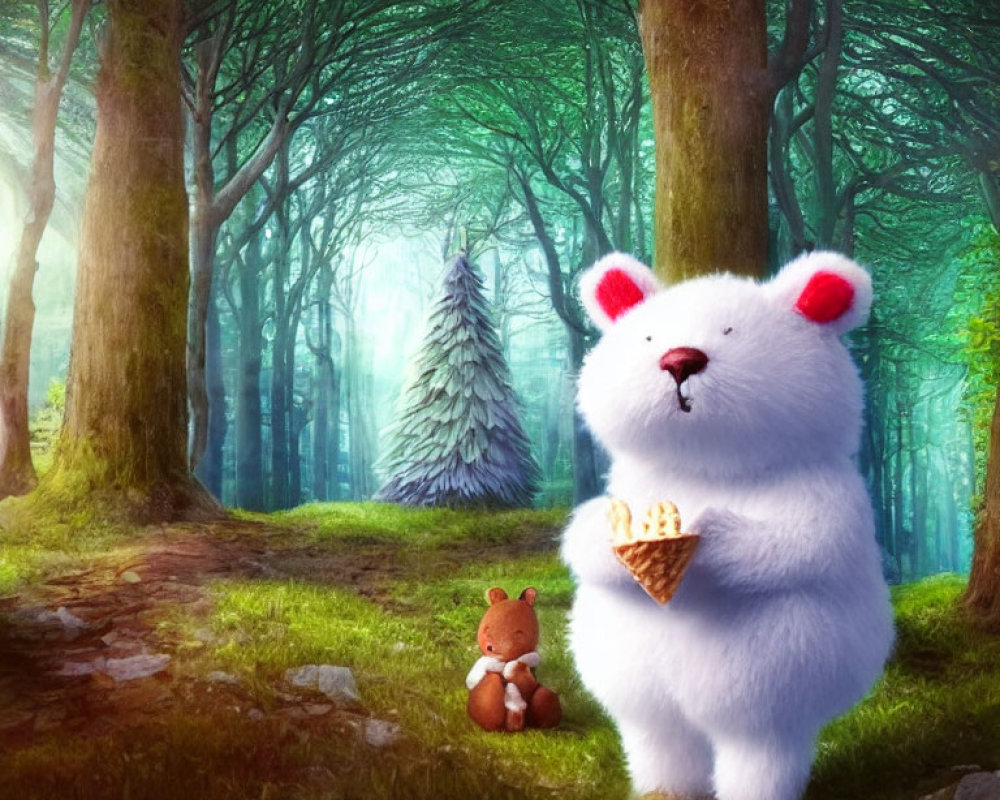 White Plush Bear with Ice Cream in Sunlit Forest