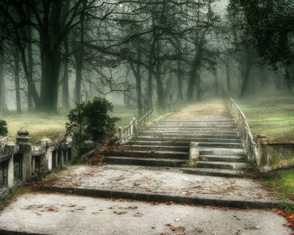 Foggy park with old stone staircase and bare trees