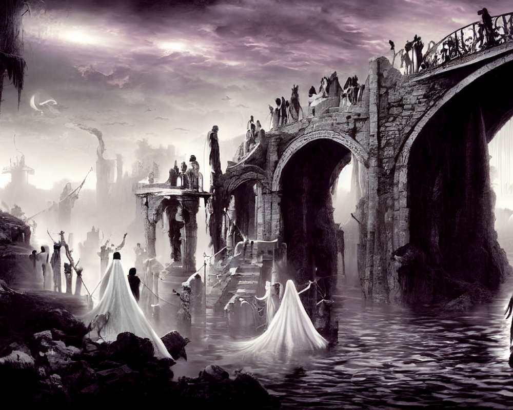Monochrome fantasy landscape with ghostly figures, stone bridges, and misty atmosphere