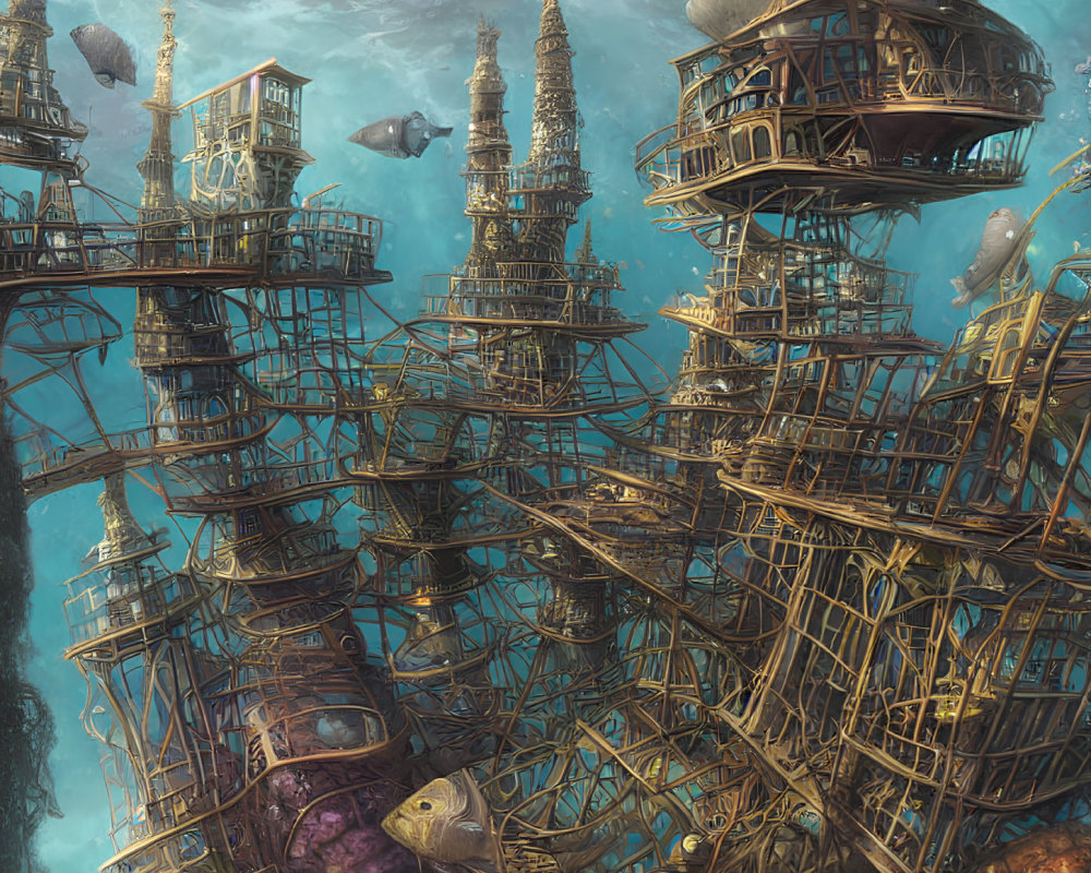 Intricate Underwater City with Elaborate Towers and Golden Light