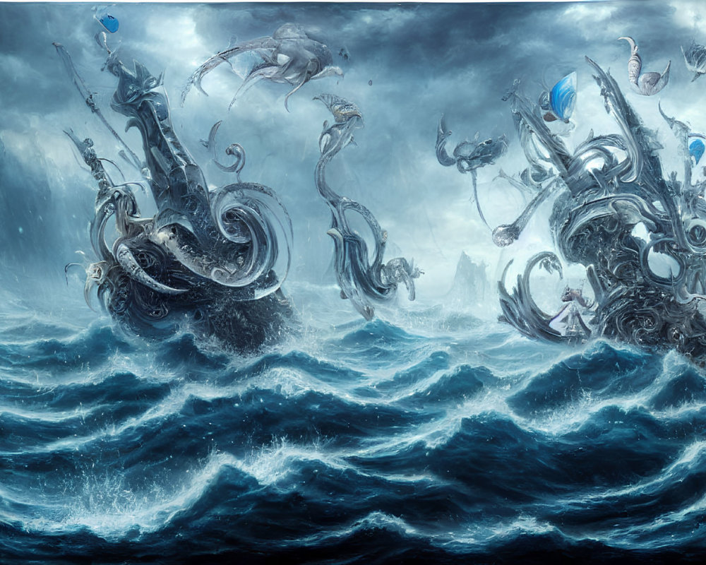 Ancient mythological sea vessels in battle amidst turbulent ocean waves